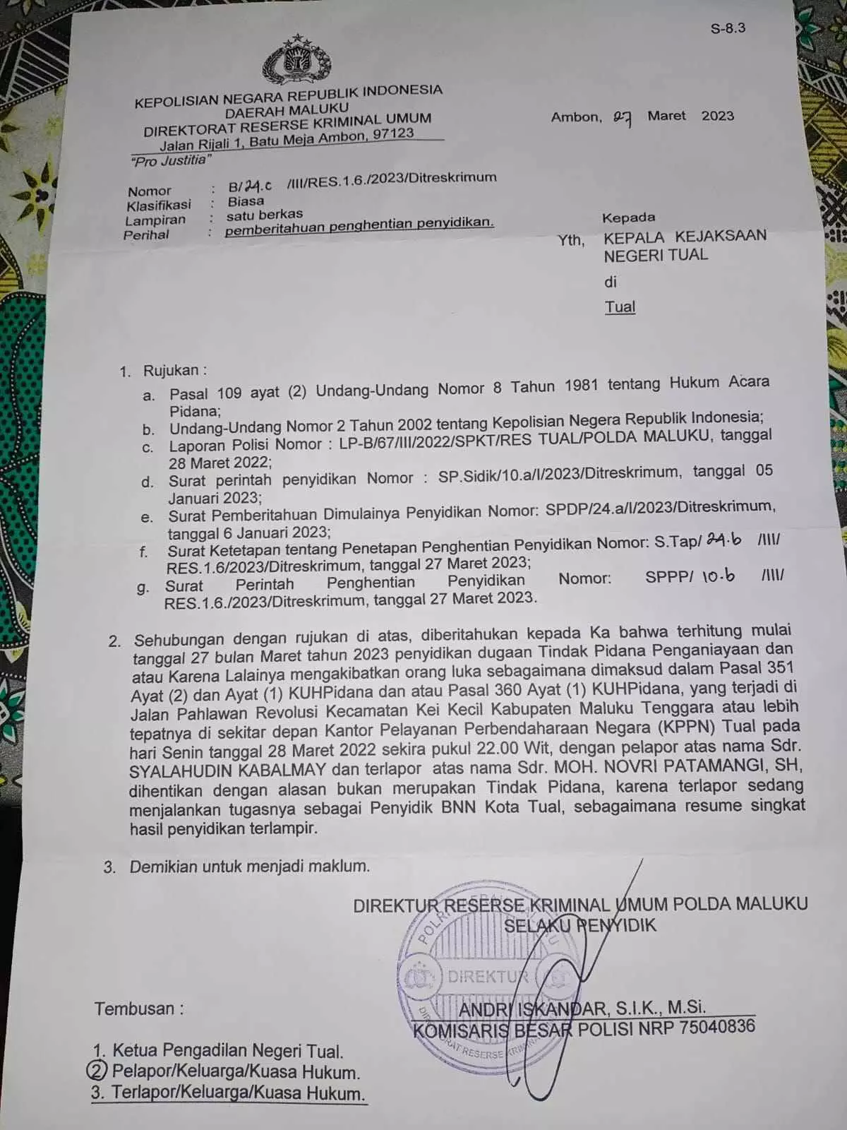 Pelapor Kasus Penembakan Tual Terima SP3 Polda Maluku Media Tual News