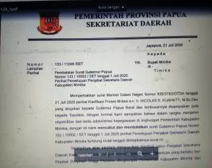 Surat Gubernur Papua cabut dan batalkan Pelantikan Plt. Sekda Mimika oleh Bupati Mimika, 21 Juli 2020