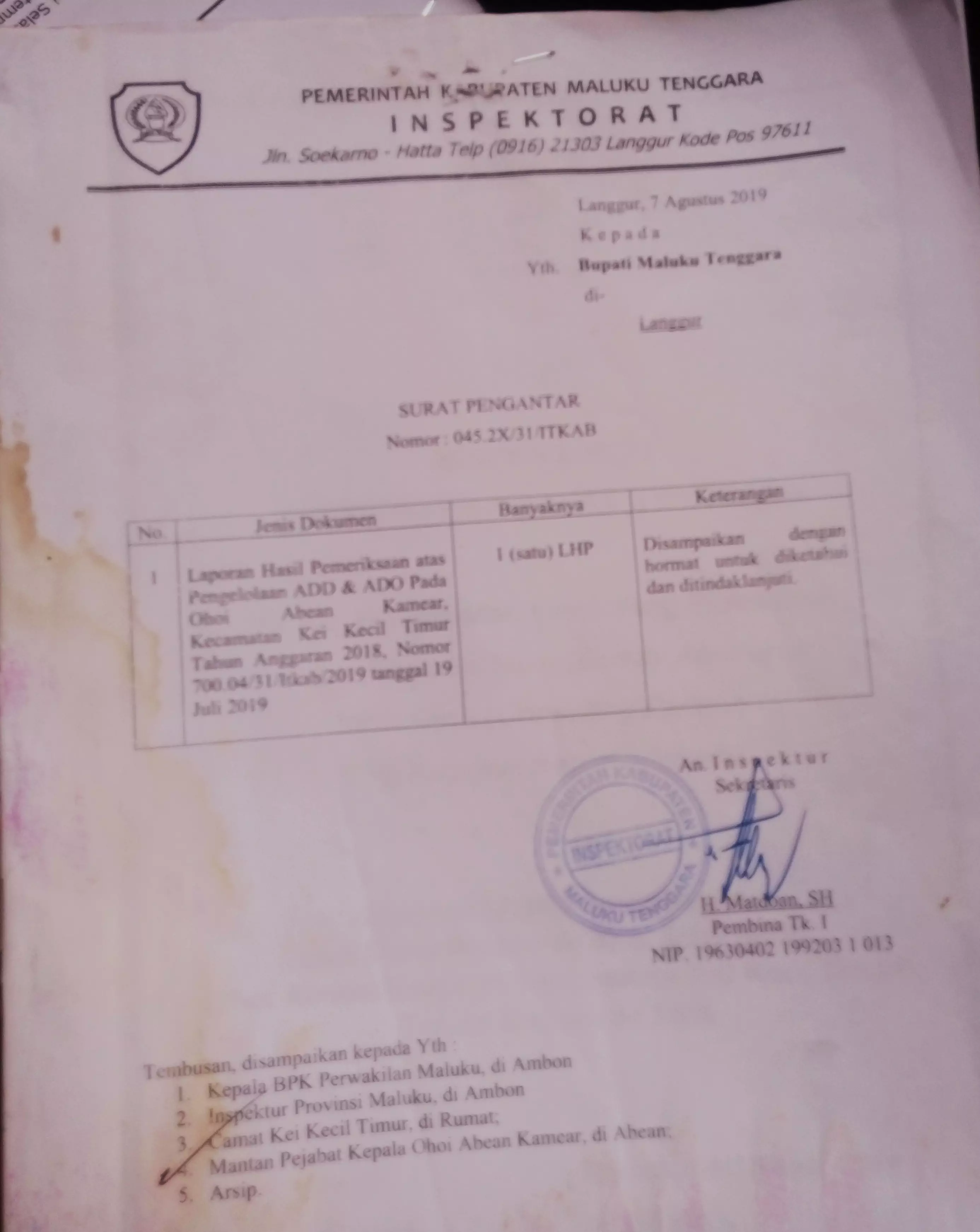 Ini bukti surat pengantar dokumen lph dana desa abean kamear ditandtangani sekretaris inspektorat h. Matdoan sh tanggal 7 agustus 2019