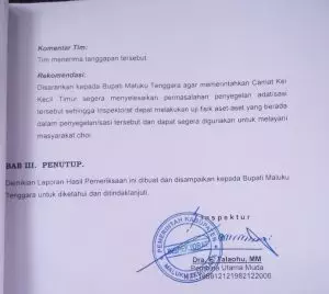 LHP Dana Desa Abean Kamear tahun 2018, ditandatangani Kepala Inspektur, Dra. F. Talaohu, MM