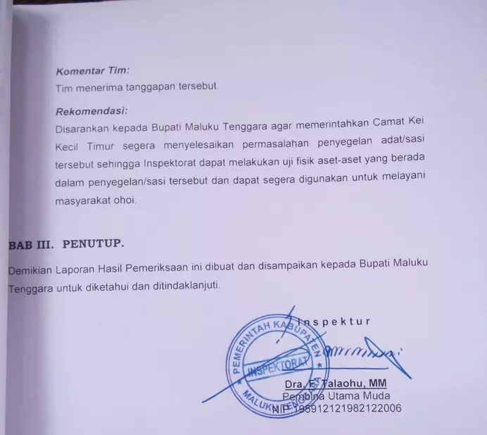 Lhp dana desa abean kamear tahun 2018 ditandatangani kepala inspektur dra. F. Talaohu mm