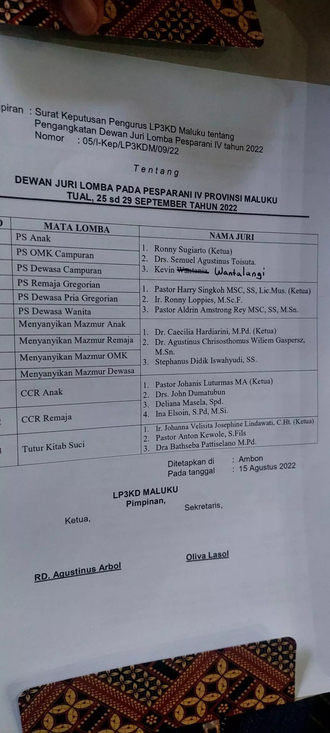 Ini daftar nama dewan juri pesparani katolik iv provinsi maluku di kota tual
